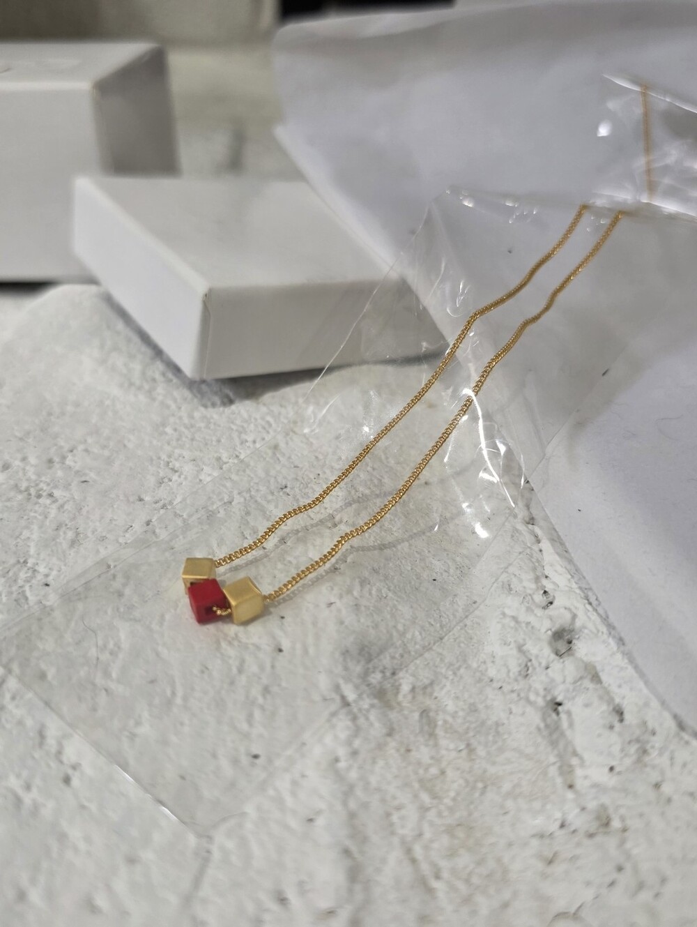 Gold Necklace with Gold and Red Accent Pendant